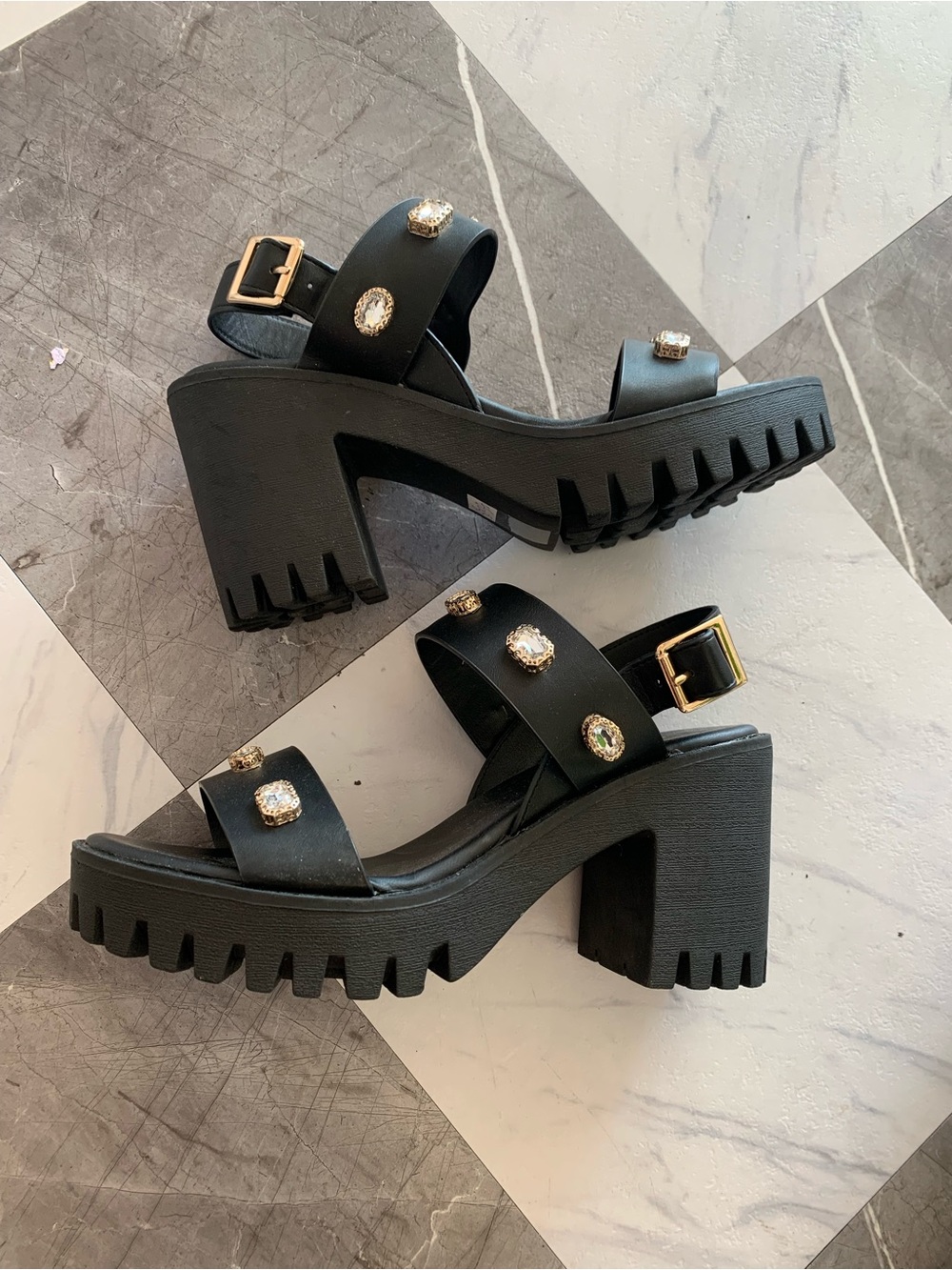Madden Girl Black Gem-Embellished Lug Platform Sandal